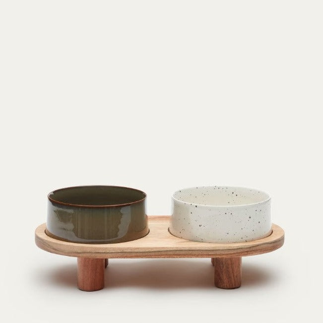 Deux gamelles en céramique avec support en bois