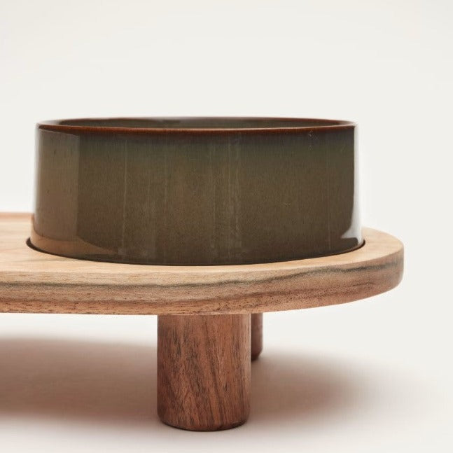 2 GAMELLES POUR CHIEN AVEC SUPPORT - Bois, Blanc & Marron